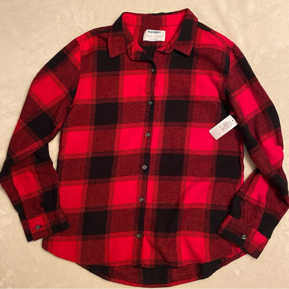 NWT Old Navy Kids Plaid Button-Up Shirt - Red Black Buffalo Plaid 100% Cotton